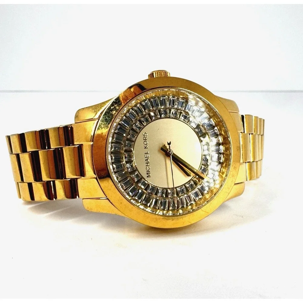 Michael Kors Gold Tone Crystal Bezel Quartz Watch Stainless Steel Bracelet